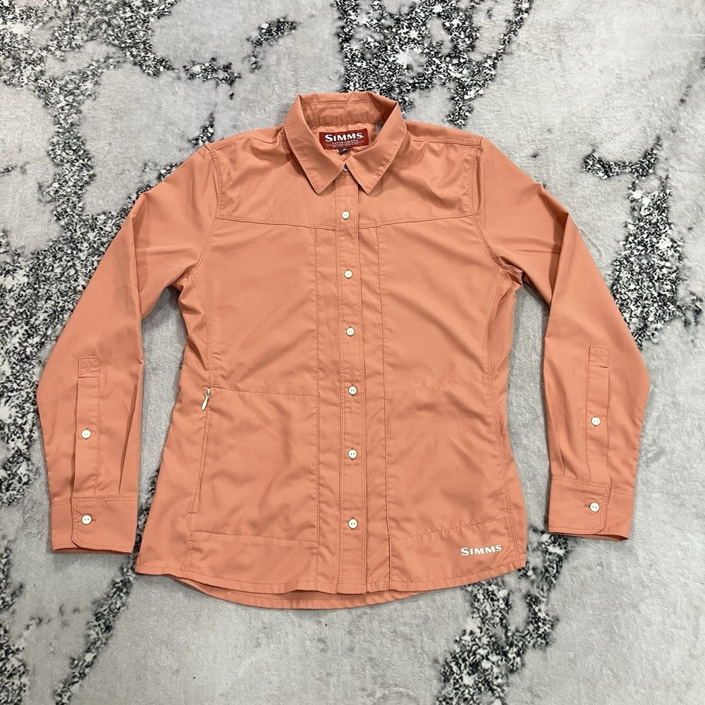 Simms Womens Small Orange Long Sleeve Fishing Outdoor Button Up Shirt Zip Pocket